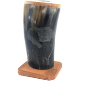 Hand-Carved Scrimshaw Cow Horn Pen & Pencil Holder