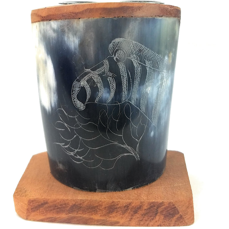 Hand-Carved Scrimshaw Cow Horn Pen & Pencil Holder