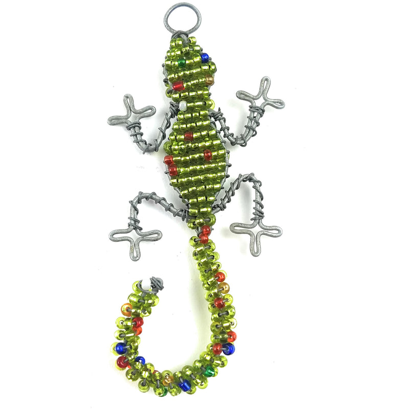 A handmade bead lizard keychain with green, red, and blue beads on a steel wire frame.