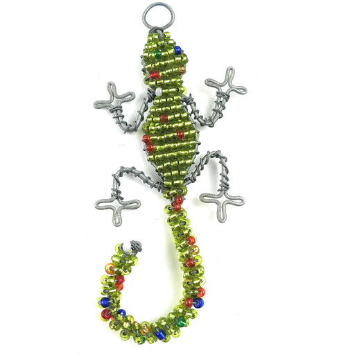 A handmade bead lizard keychain with green, red, and blue beads on a steel wire frame.