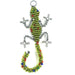 A handmade bead lizard keychain with green, red, and blue beads on a steel wire frame.