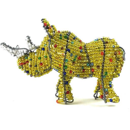A handcrafted bead rhino sculpture with a metallic yellow 'skin' covering made from threading beads onto steel wire, mounted on a steel frame.