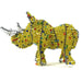 A handcrafted bead rhino sculpture with a metallic yellow 'skin' covering made from threading beads onto steel wire, mounted on a steel frame.