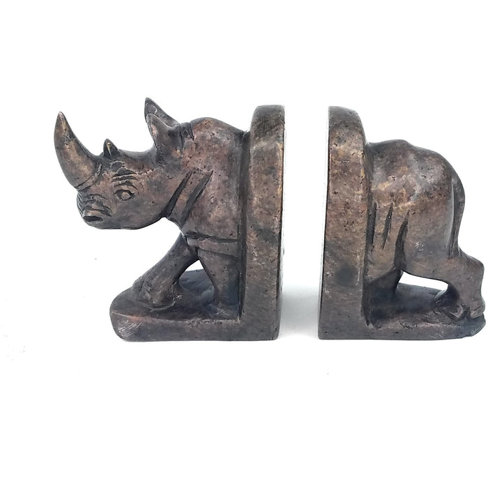 Handmade Brown Rhino Bookends – African Stone Carving