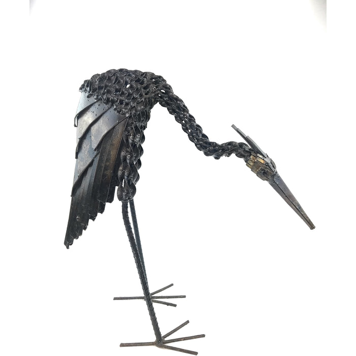 Handmade Recycled Metal Crane Sculpture with Head Down | Fair Trade Art from Zimbabwe