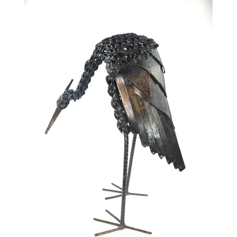 Handmade Recycled Metal Crane Sculpture with Head Down | Fair Trade Art from Zimbabwe