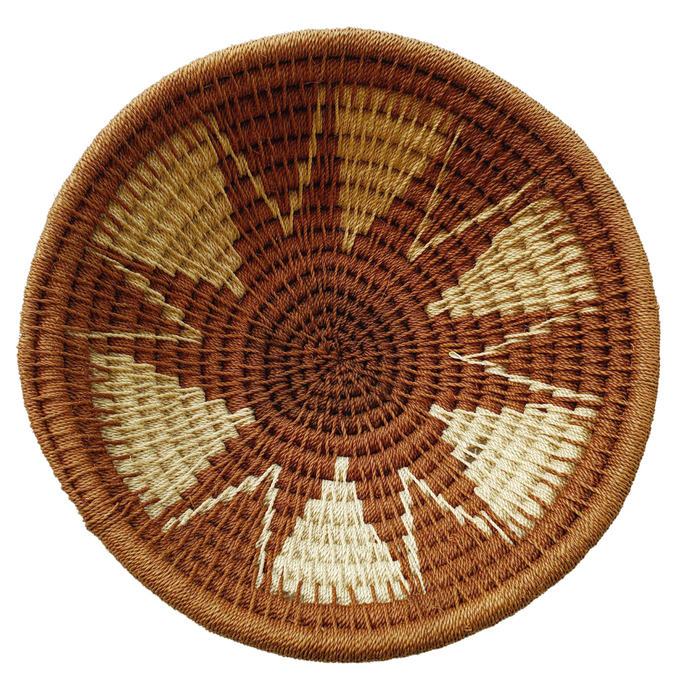 Handwoven Lutsindzi basket with cream zig-zag sunburst design