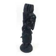 A black sculpture of a hardworking woman statue, handmade in Tanzania, with intricate details and a textured surface.