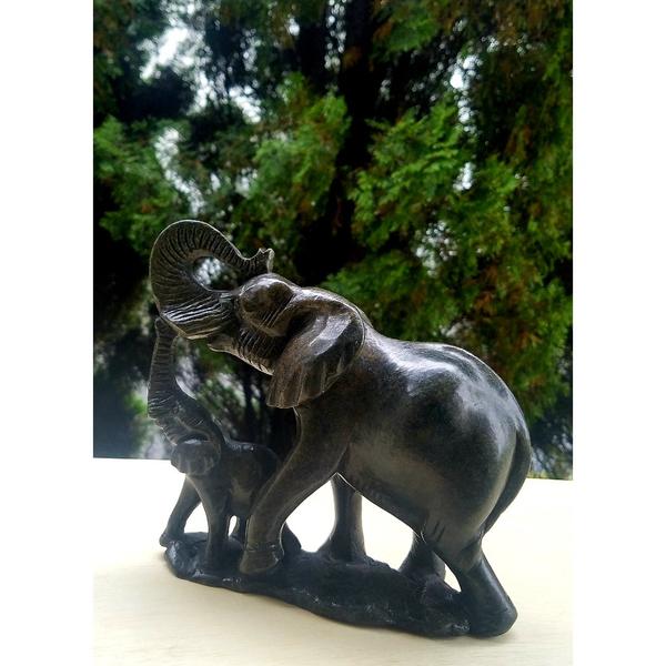 African Elephant Statue  - Mother and Child Hand Carved In Zimbabwe