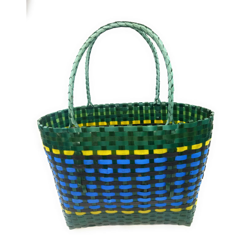 Large Woven Tote Bag – Dark Green, Yellow & Blue | Handmade Market Tote