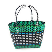 Large Woven Tote Bag – Light Green, Blue, Black & White | Handmade Tote