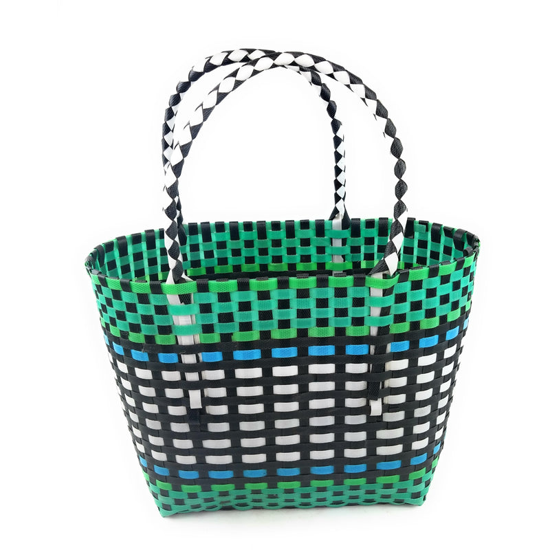 Large Woven Tote Bag – Light Green, Blue, Black & White | Handmade Tote