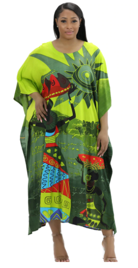 Lime Green African Kaftan Dress | Working Women Carrying Gourds
