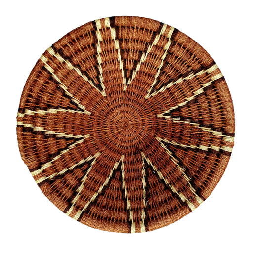 A hand-woven Lutsindzi grass basket from Swaziland, with a geometric pattern in brown and beige tones.