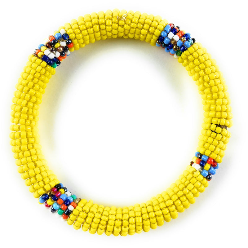 A yellow bead bracelet with a variety of colorful beads on a string.