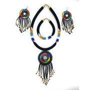 A set of bead jewelry including a necklace, earrings, and a bracelet with a variety of colorful beads and patterns.