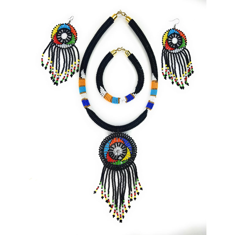 A set of bead jewelry including a necklace, earrings, and a bracelet with a variety of colorful beads and patterns.