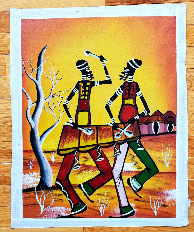 A canvas painting featuring two stylized musicians playing a large mbira instrument, with a vibrant background and colorful clothing.