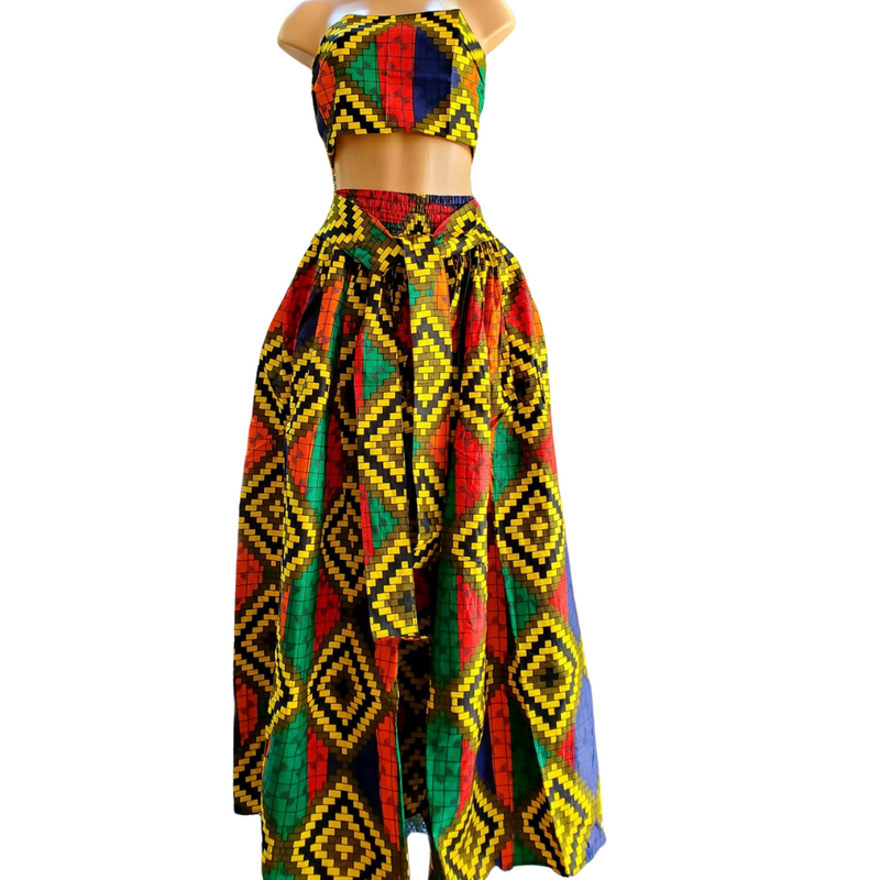 Multicolor Geometric Ankara Maxi Skirt + Scarf | African Wear