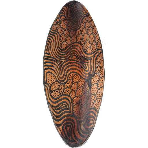A hand-carved Olivewood decorative bowl with a geometric pattern, polished with a light shoe polish.