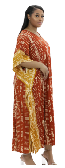 Orange/Brown African Mudcloth Kaftan Dress