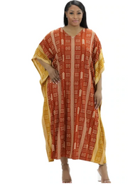 Orange/Brown African Mudcloth Kaftan Dress