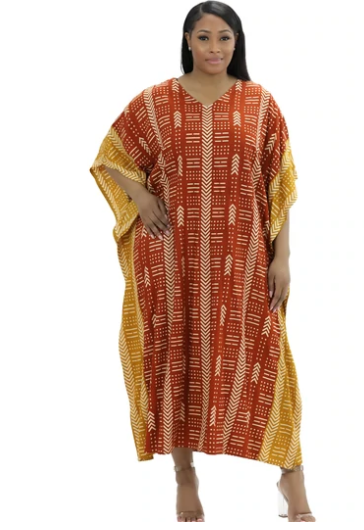 Orange/Brown African Mudcloth Kaftan Dress
