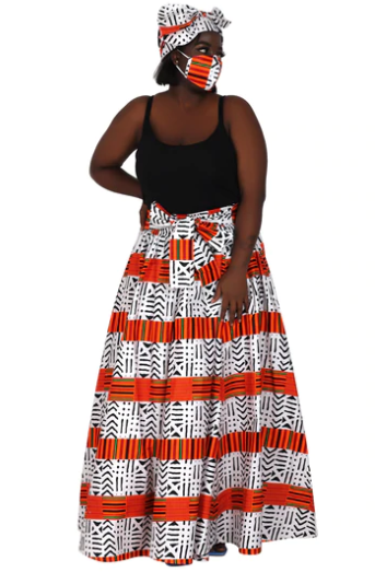 Orange & White Striped Tribal Print Ankara Maxi Skirt + Scarf