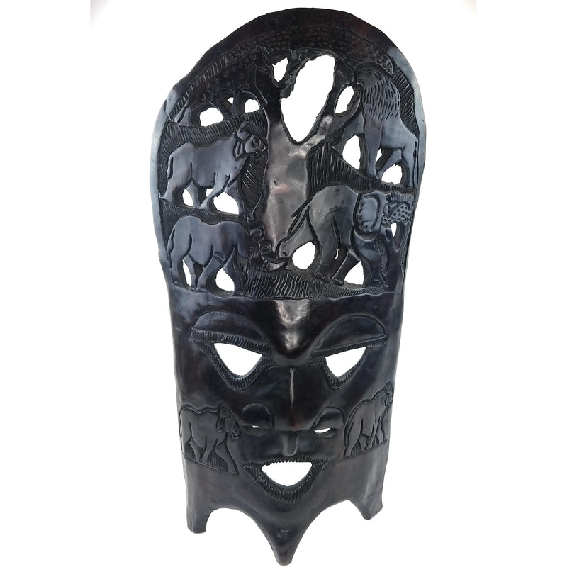 Oversized Big Five African Mask – Hand-Carved Ebony Wood Wall Art from Zimbabwe