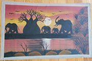 A canvas painting featuring silhouettes of four elephants in a sunset setting with a baobab tree and vegetation, painted in various colors.