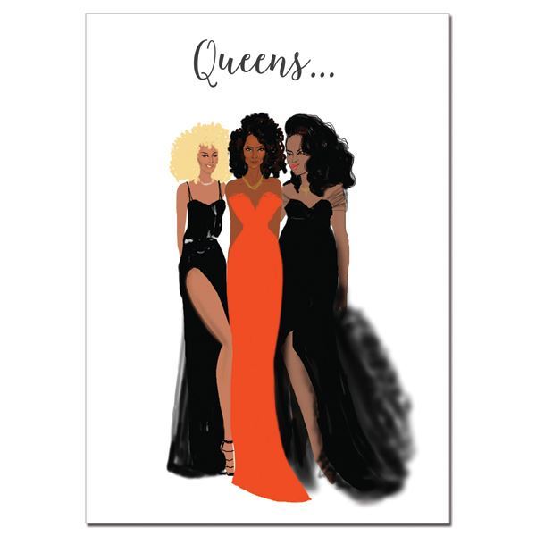 African American blank card titled "Queens" featuring three women supporting one another