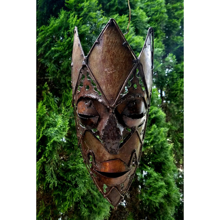 Recycled Metal African Warrior Mask with Crown Top – Handmade in Zimbabwe