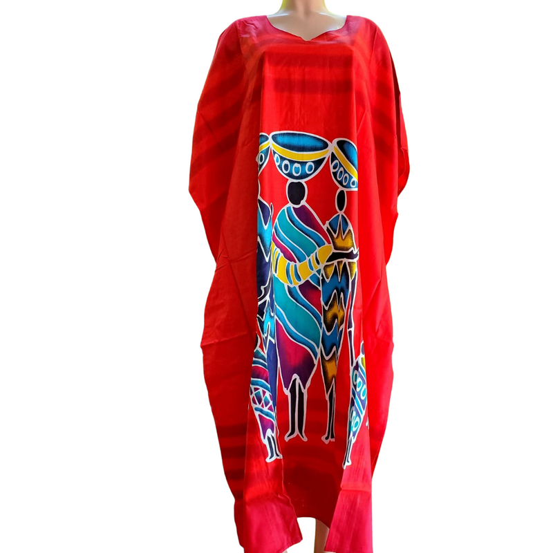 Red African Kaftan — African Working Women & Children Print