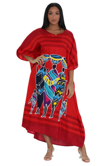 Red African Kaftan — African Working Women & Children Print