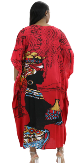 Red African Kaftan Dress | Woman Carrying Gourd Artwork