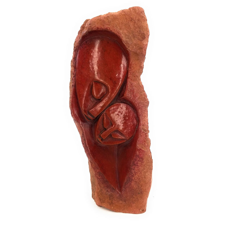 Red Jasper Parent & Child Sculpture – Glossy Faces, Textured Edge