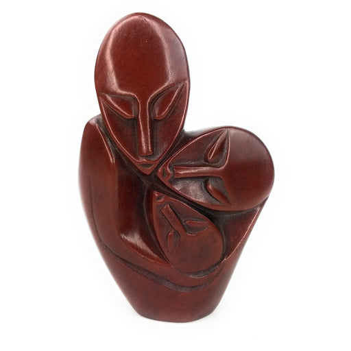 Red Jasper Parent & Two Children Sculpture – Close Embrace, Glossy Finish
