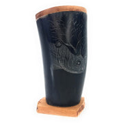 Hand-Carved Scrimshaw Cow Horn Pen & Pencil Holder