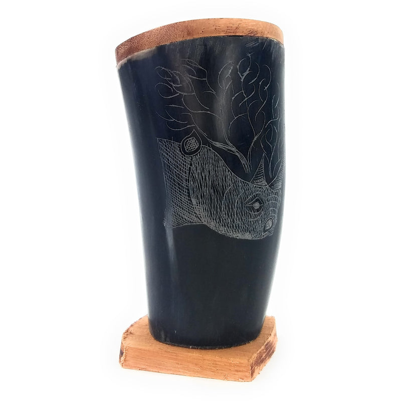 Hand-Carved Scrimshaw Cow Horn Pen & Pencil Holder