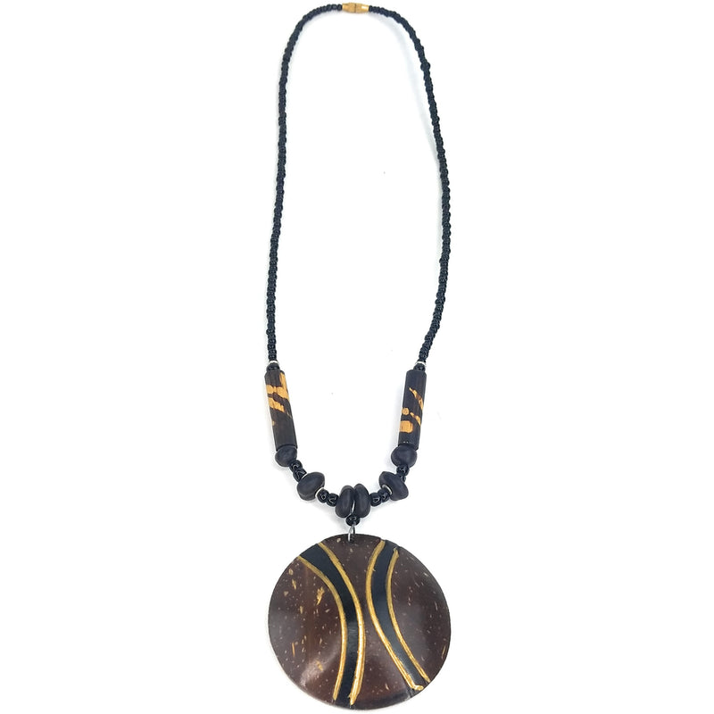 Round Coconut Shell Pendant – Brown, Black & Gold | Handmade in Zimbabwe