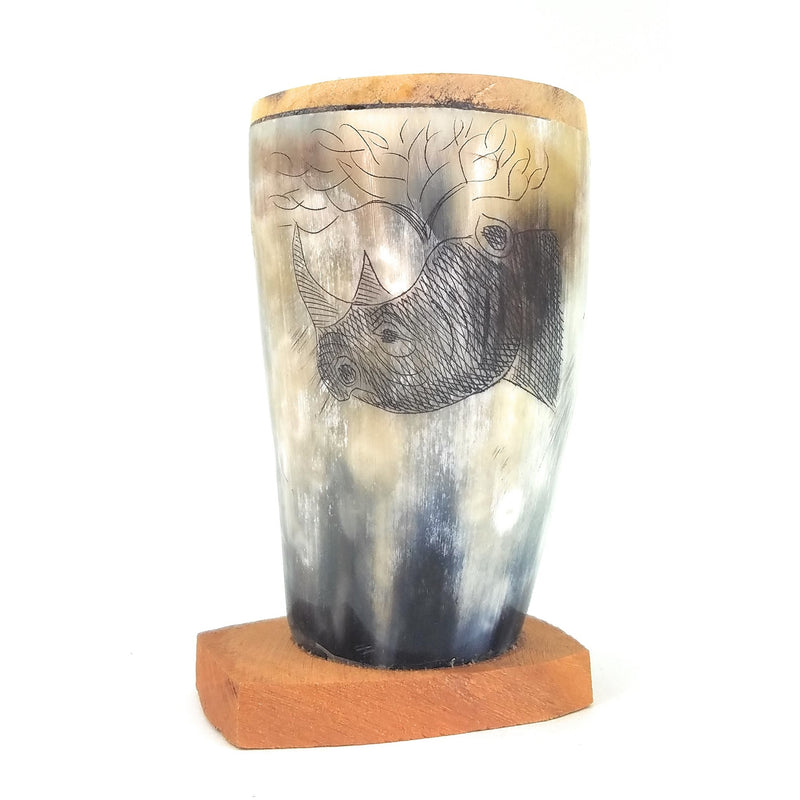 Hand-Carved Scrimshaw Cow Horn Pen & Pencil Holder