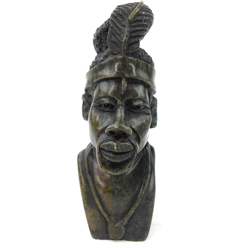 A Shona stone bust featuring a realistic face and headgear, handcrafted in Zimbabwe.