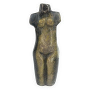 A handcrafted stone sculpture of a female torso, with a textured, dark finish, representing the fertility of Mother Earth, hand-carved by Shona artisans in Zimbabwe.
