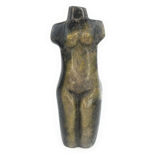 A handcrafted stone sculpture of a female torso, with a textured, dark finish, representing the fertility of Mother Earth, hand-carved by Shona artisans in Zimbabwe.