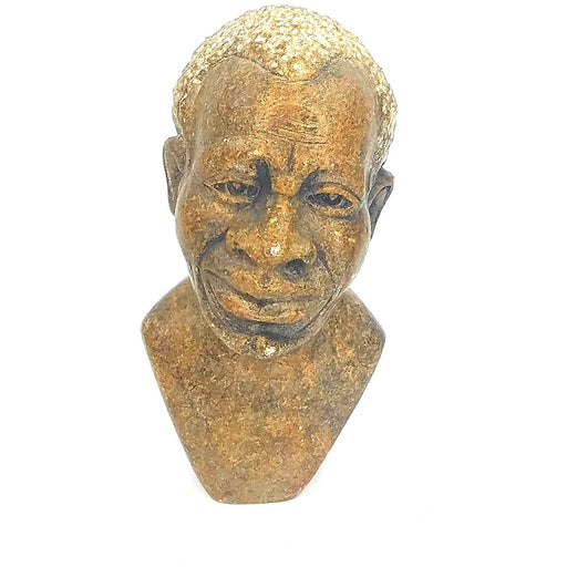 A brown Shona stone bust of a male figure, handcrafted in Zimbabwe.