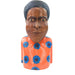 A wooden bust figurine with a realistic face and body, primarily orange with blue and black floral patterns, and a patterned orange shirt.