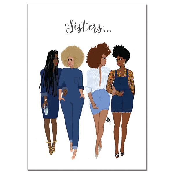 African American card titled "Sisters" showing four Black women standing together with message of support
