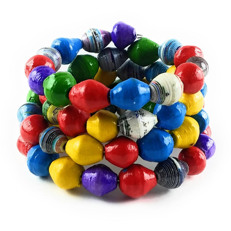 A multicolored spiral bead bracelet made from hand-wrapped, recycled paper beads, featuring a variety of brightly colored beads on a flexible, spiral-shaped band.