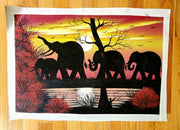 A canvas painting featuring a sunset scene with four elephants walking, surrounded by trees and vegetation in a variety of colors.