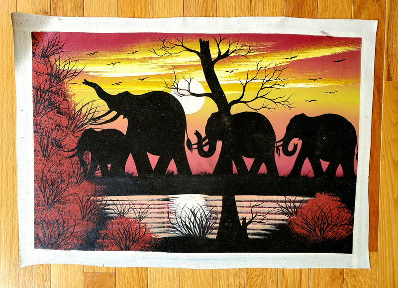 A canvas painting featuring a sunset scene with four elephants walking, surrounded by trees and vegetation in a variety of colors.